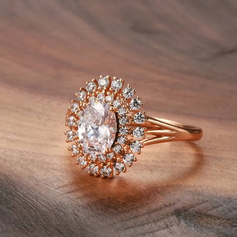 Natural Zircon Wedding Ring Classic Bright 585 Rose Gold Women Fine Jewelry