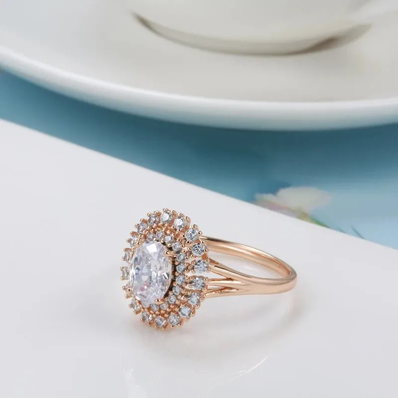 Natural Zircon Wedding Ring Classic Bright 585 Rose Gold Women Fine Jewelry