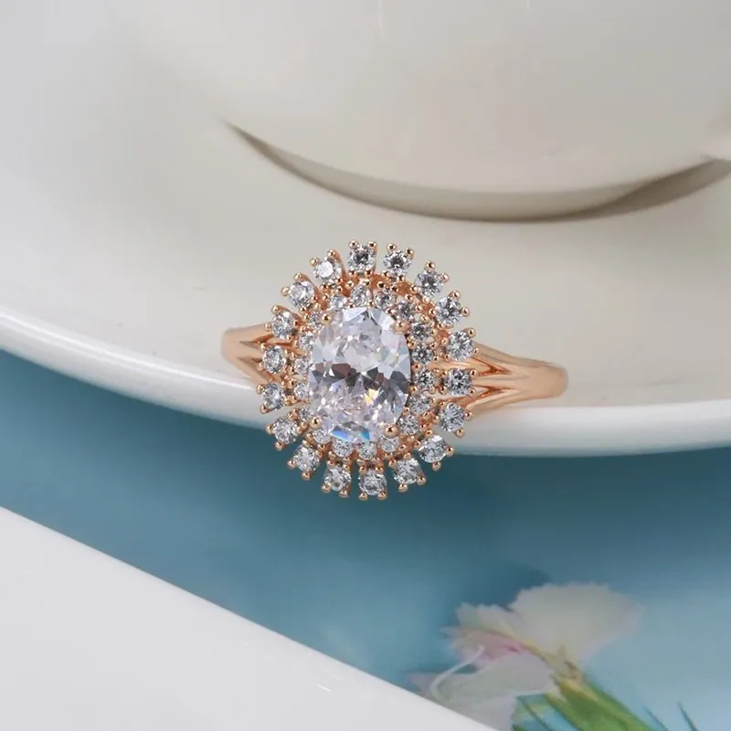 Natural Zircon Wedding Ring Classic Bright 585 Rose Gold Women Fine Jewelry