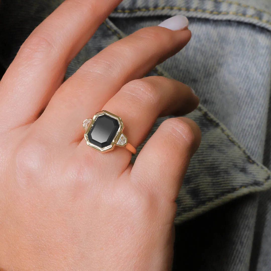 Negra Sombra Bezel Natural Black Diamond Emerald Cut Engagement Ring
