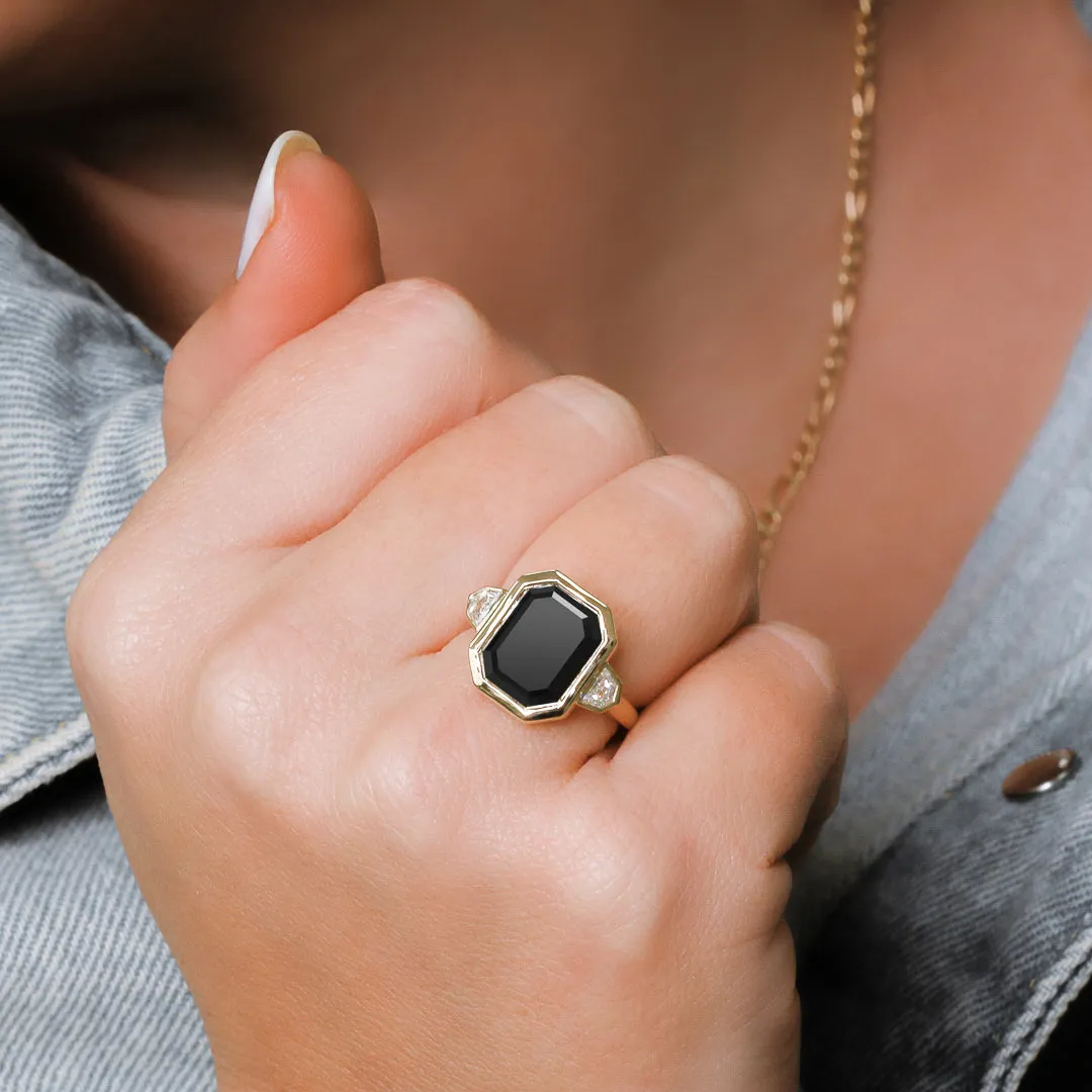 Negra Sombra Bezel Natural Black Diamond Emerald Cut Engagement Ring
