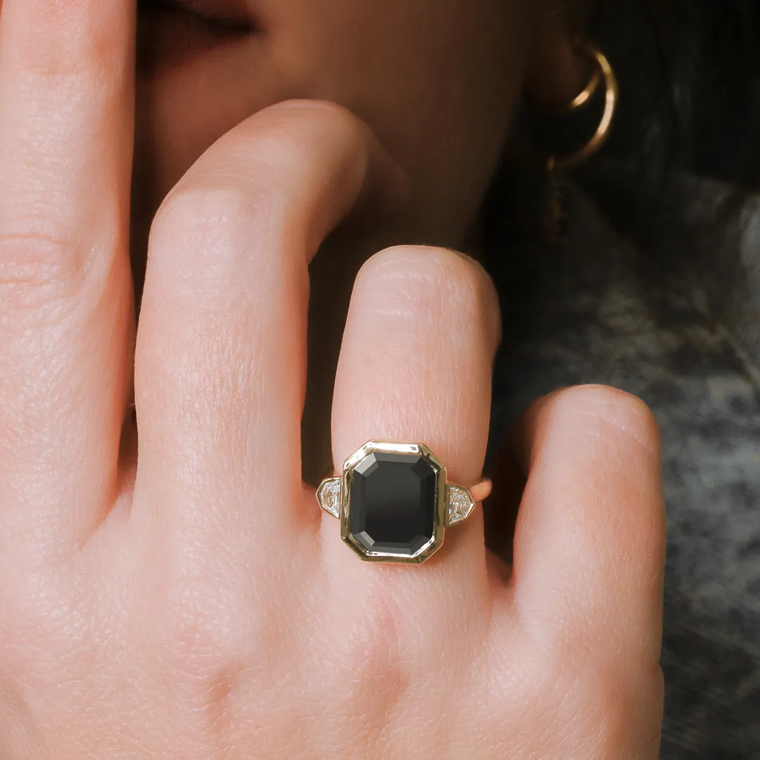 Negra Sombra Bezel Natural Black Diamond Emerald Cut Engagement Ring