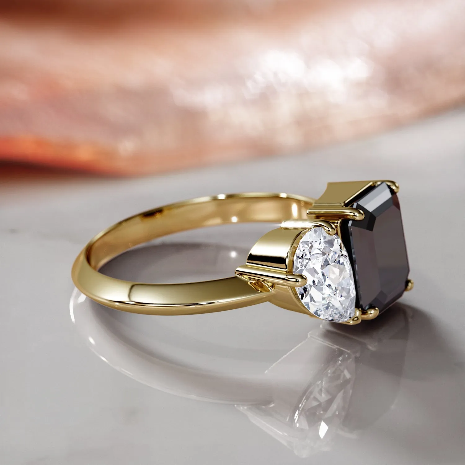 Neptune'S Moons -   Two Stone  Natural Black Diamond Emerald Cut Engagement Ring  in Yellow Gold