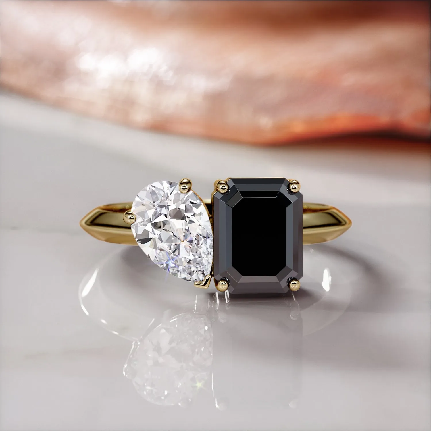 Neptune'S Moons -   Two Stone  Natural Black Diamond Emerald Cut Engagement Ring  in Yellow Gold