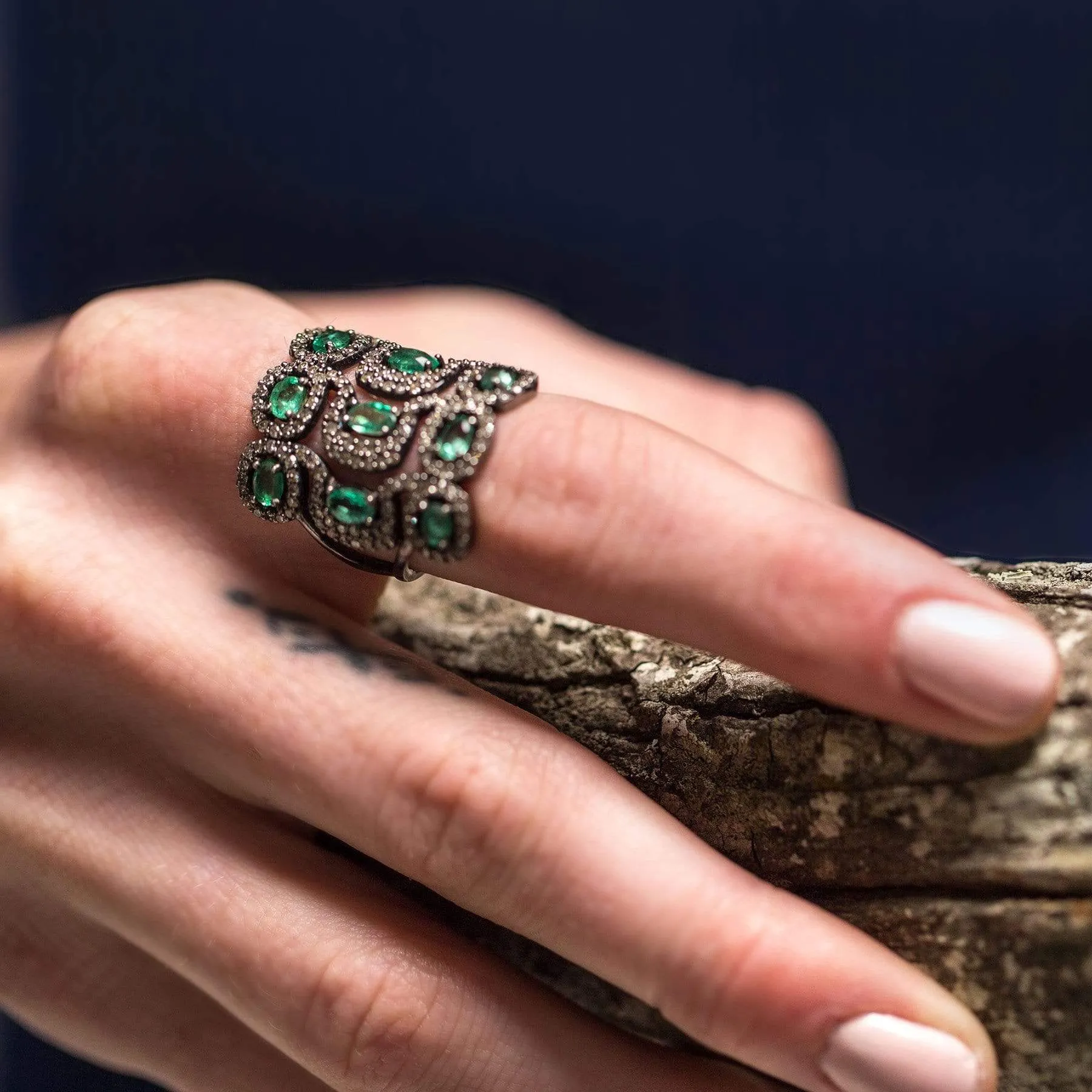 Nine Emerald & Diamond Square Ring