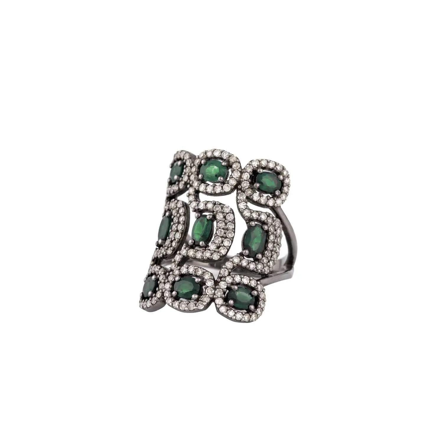 Nine Emerald & Diamond Square Ring