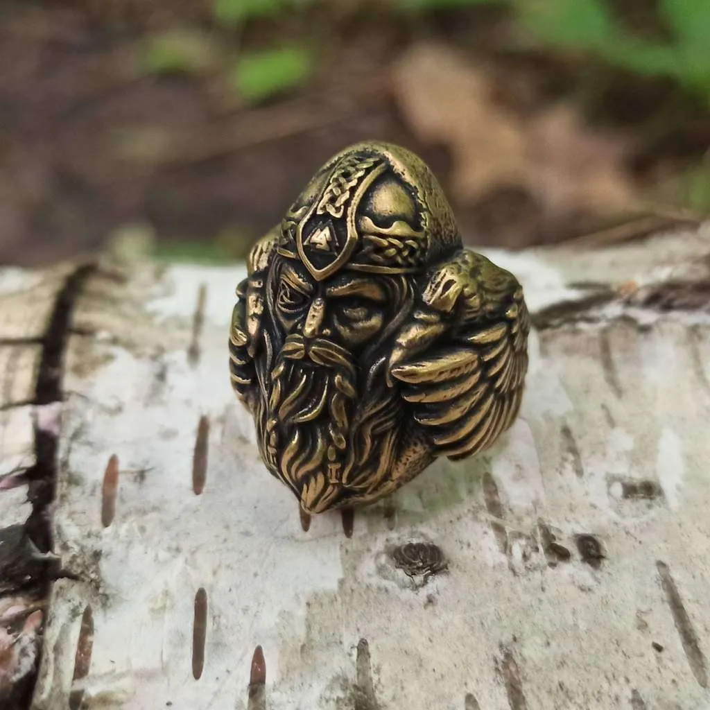 Odin with ravens bronze signet ring