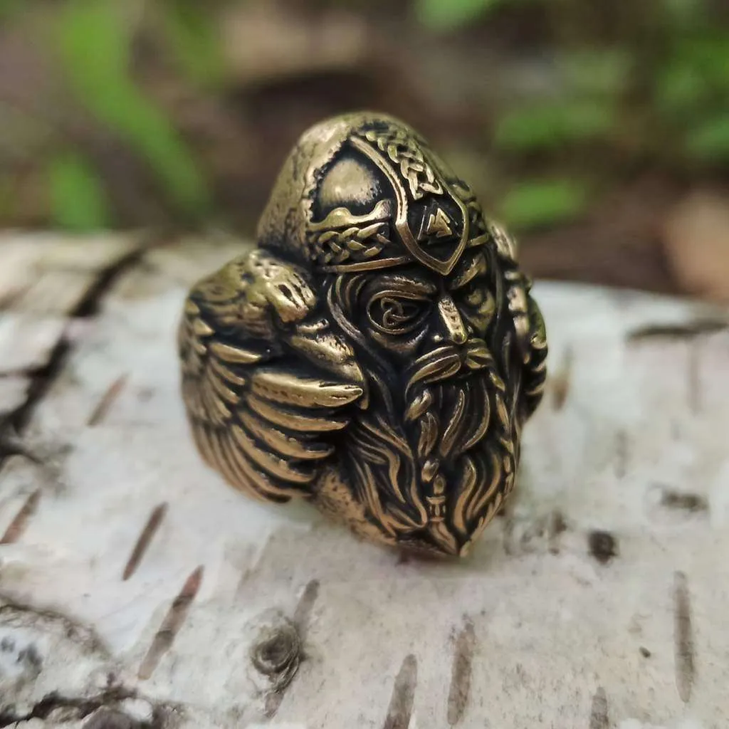 Odin with ravens bronze signet ring