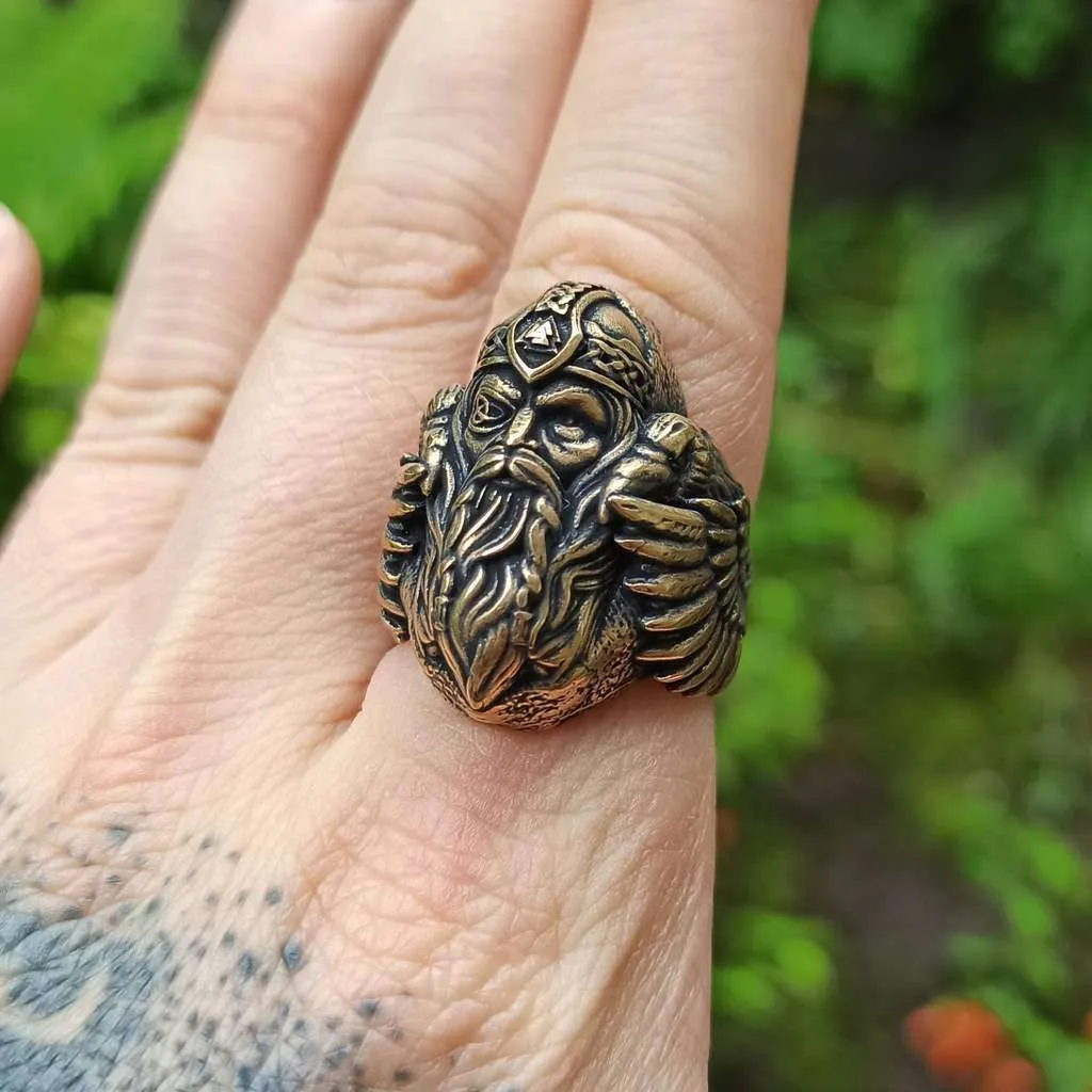 Odin with ravens bronze signet ring