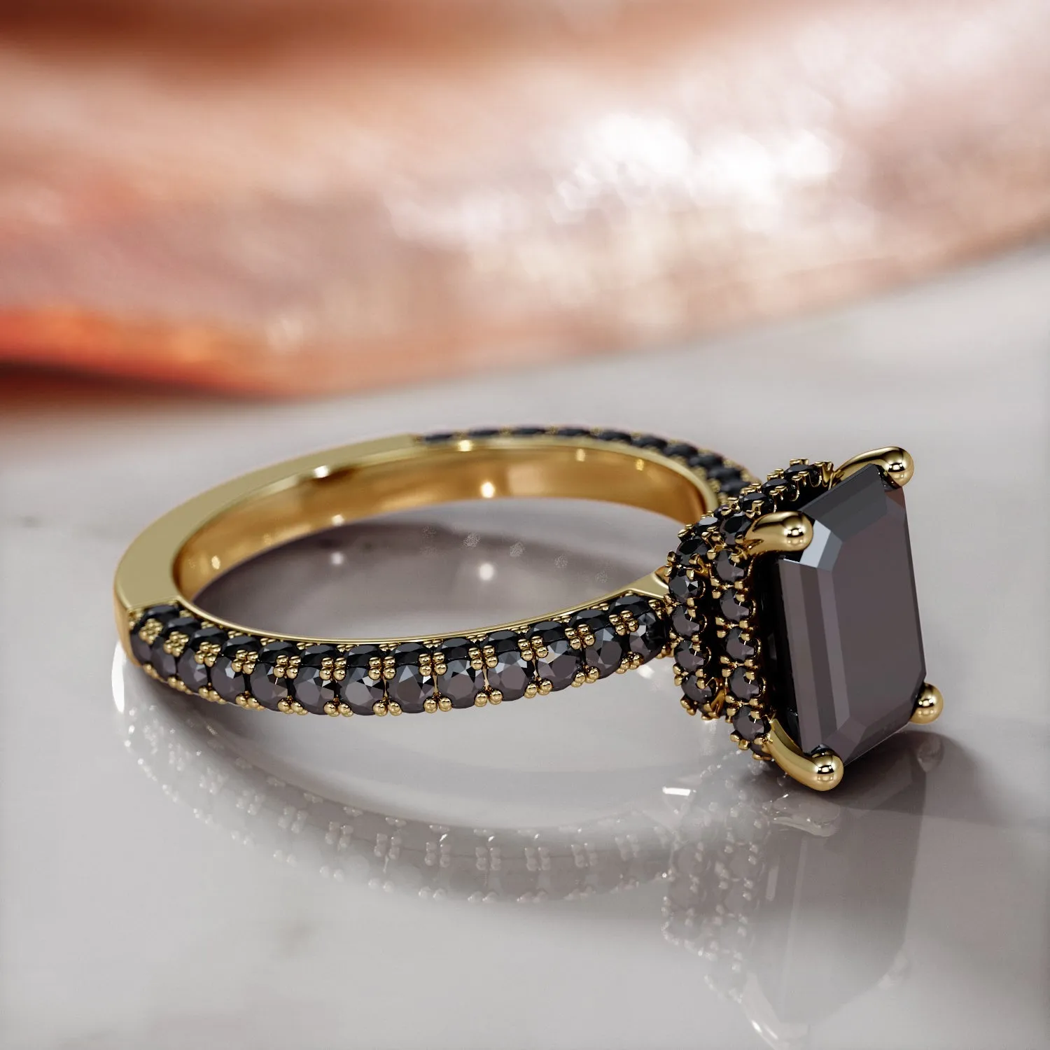 Oscura Magia- Black Diamond  Natural Black Diamond Emerald Cut Engagement Ring  in Yellow Gold