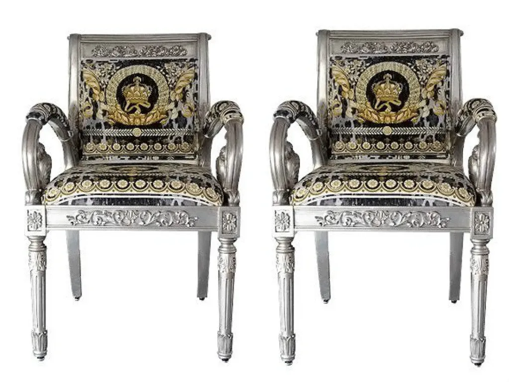 PAIR Luxury Custom Luxury Armchair Covered In Versace Vanity Wild Crown Velvet Fabric-Same Pattern On Outer Back Seat