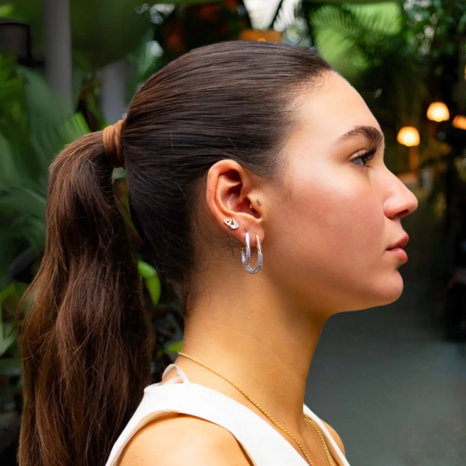 Pave Diamonds Gold Hoop Mid Size Earrings