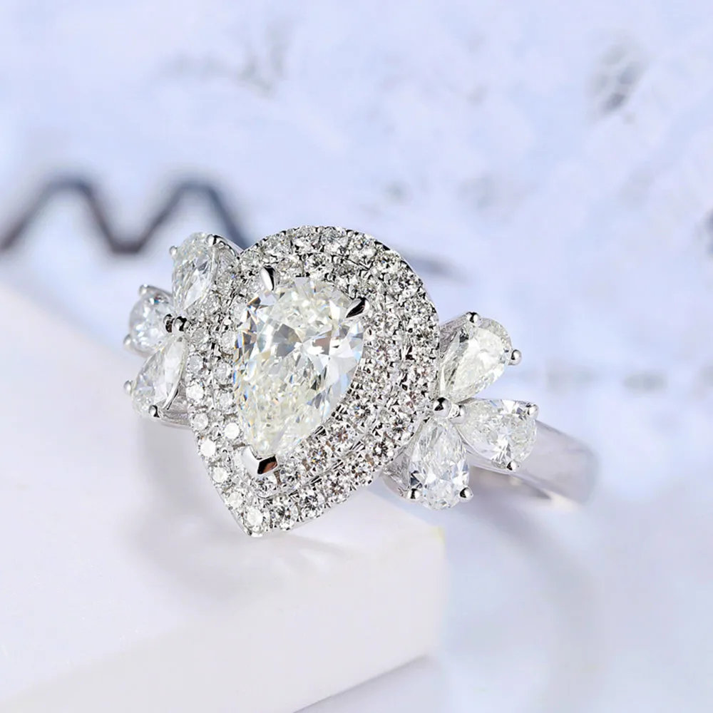 Pear Cut GIA Diamond Cluster Halo Engagement Ring