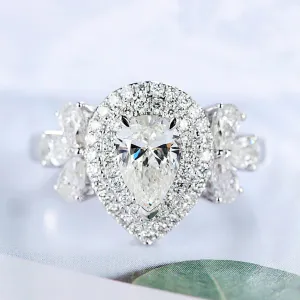 Pear Cut GIA Diamond Cluster Halo Engagement Ring