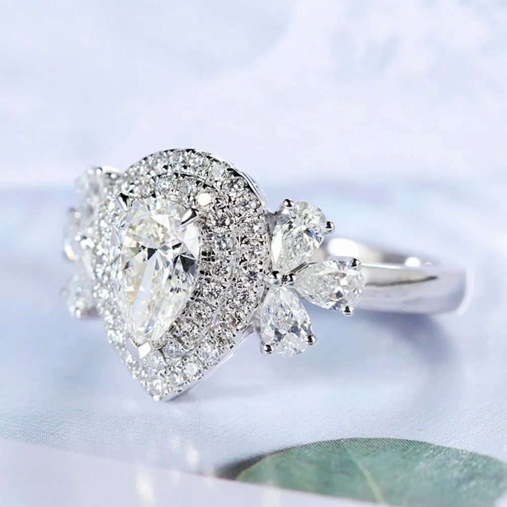 Pear Cut GIA Diamond Cluster Halo Engagement Ring