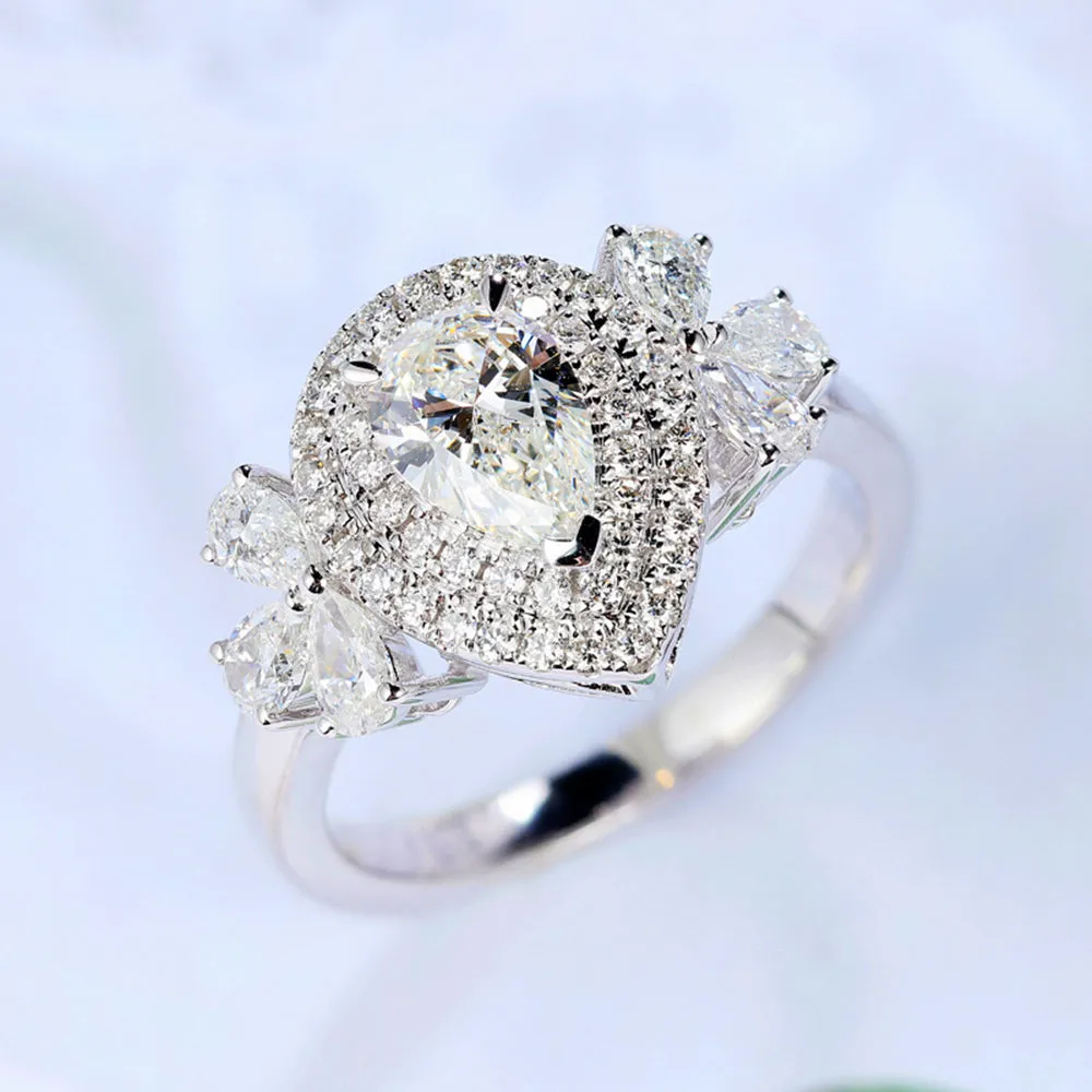 Pear Cut GIA Diamond Cluster Halo Engagement Ring