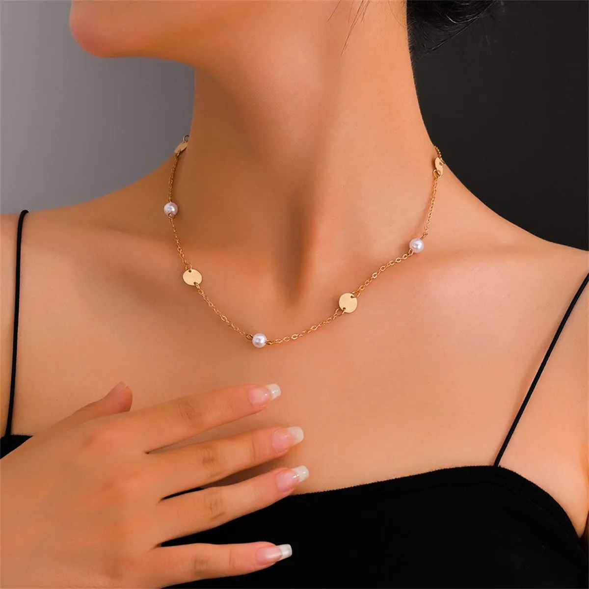 Pearl & 18K Gold-Plated Sequin-Disc Station Necklace