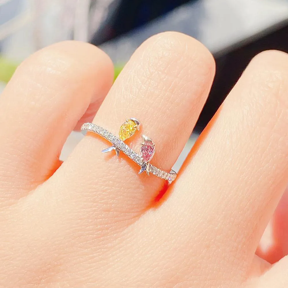 Pink Diamond and Yellow Diamond Love Birds Ring