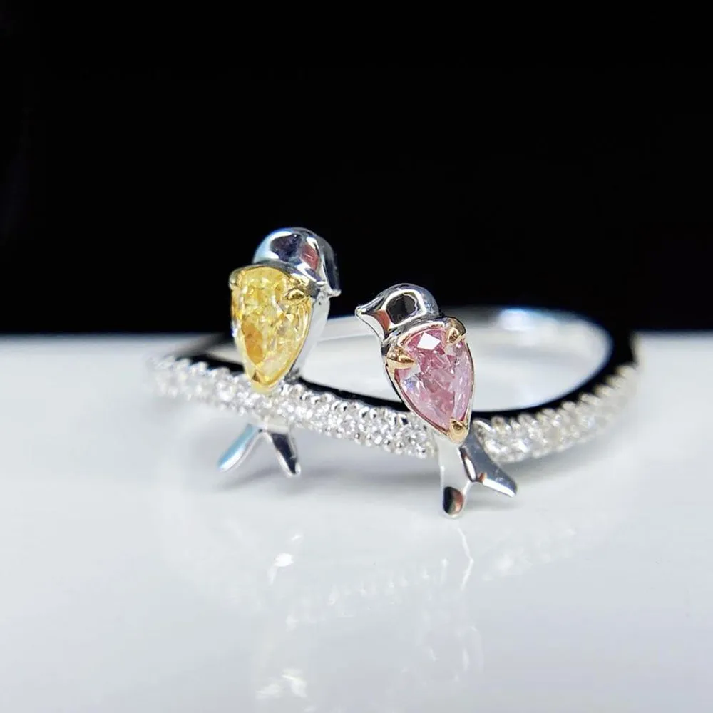 Pink Diamond and Yellow Diamond Love Birds Ring