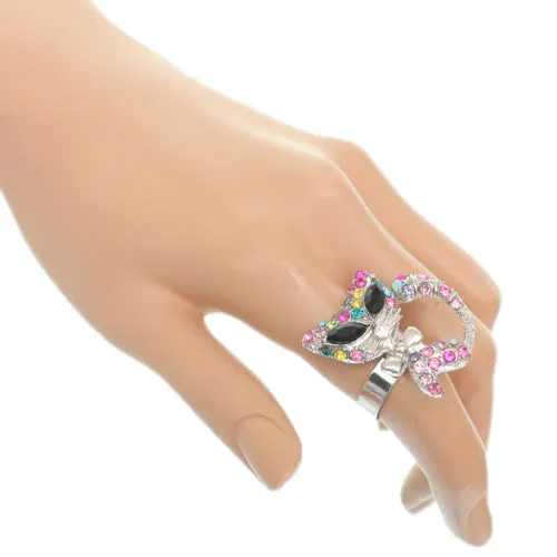 Pink Multicolor Rhinestone Fox Bow Tie Adjustable Ring