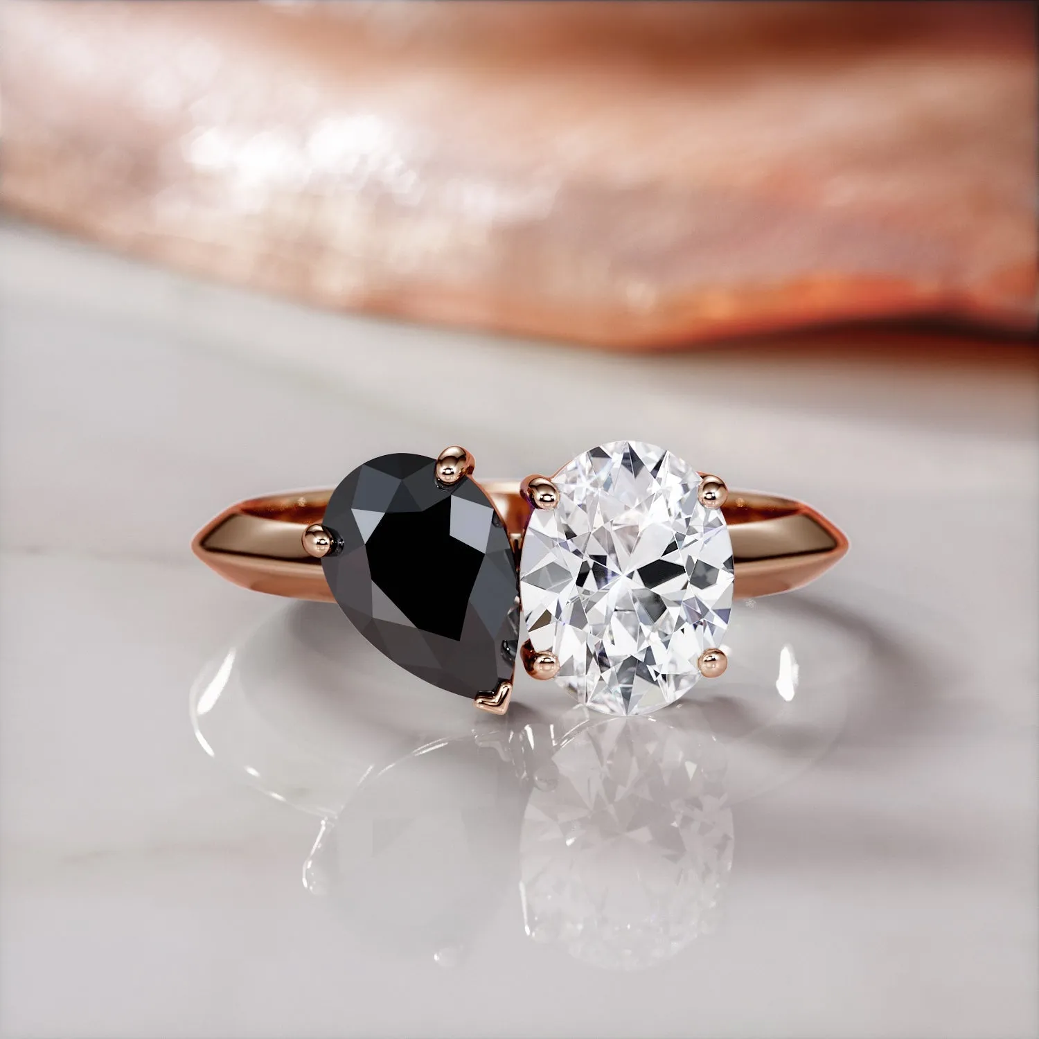 Pluto'S Moons -   Two Stone  Natural Black Diamond Pear Engagement Ring  in Rose Gold