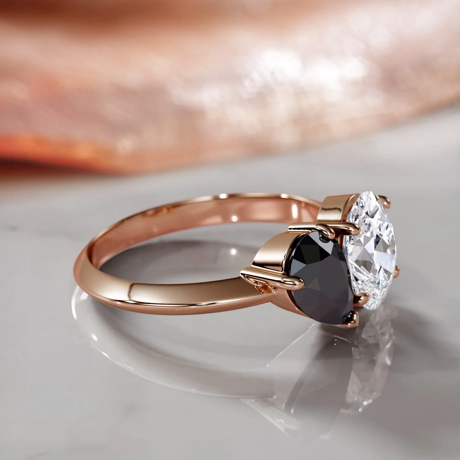 Pluto'S Moons -   Two Stone  Natural Black Diamond Pear Engagement Ring  in Rose Gold