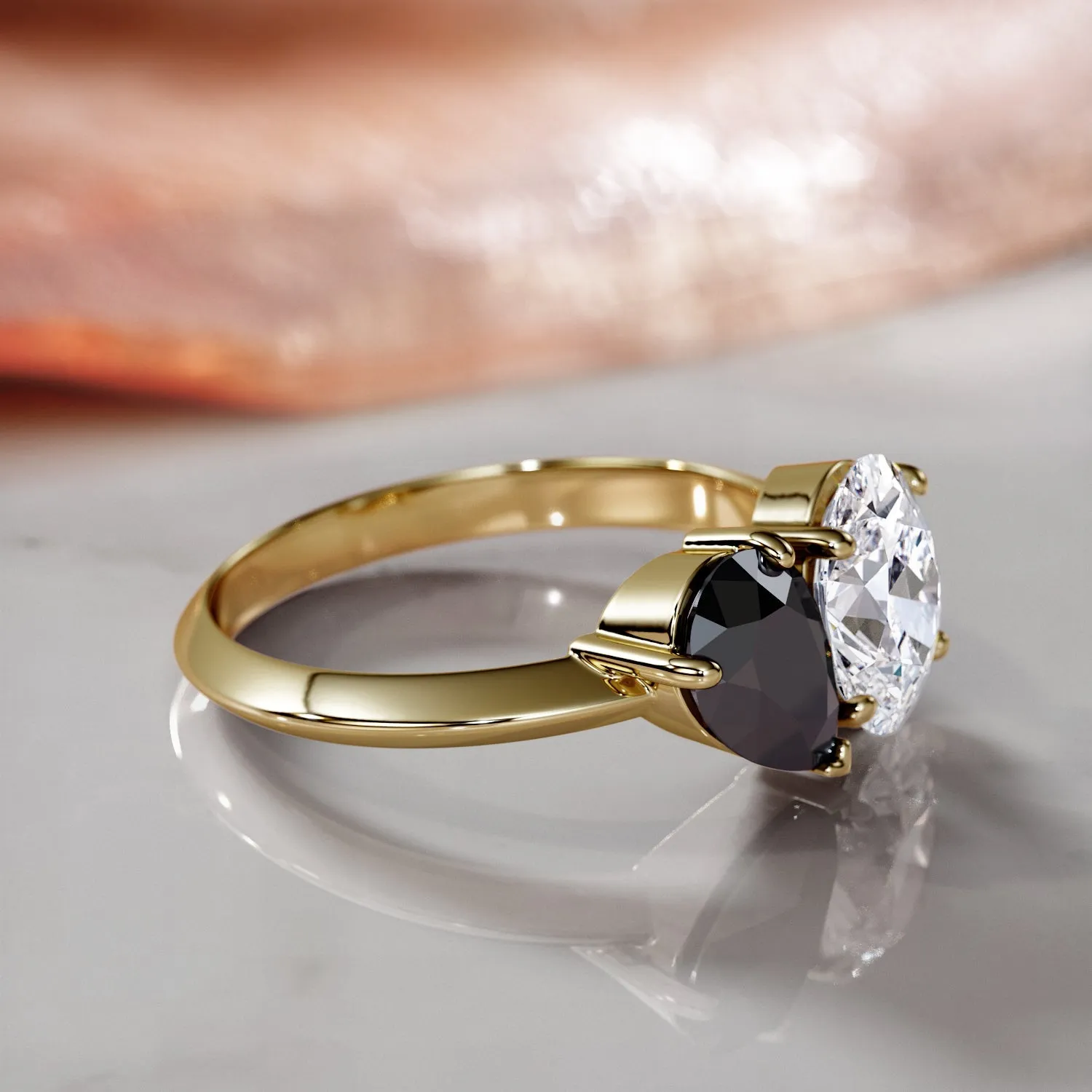 Pluto'S Moons - Two Stone Natural Black Diamond Pear Engagement Ring in Yellow Gold