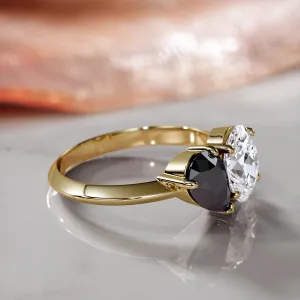 Pluto'S Moons - Two Stone Natural Black Diamond Pear Engagement Ring in Yellow Gold