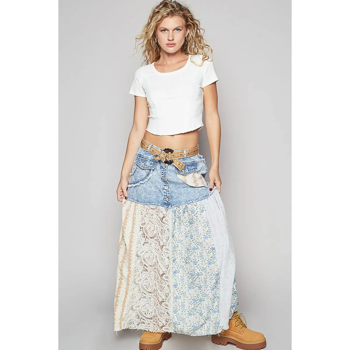 POL Clothing Woven Floral Print Mixed Skirt