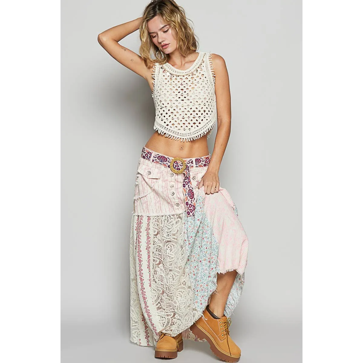 POL Clothing Woven Floral Print Mixed Skirt