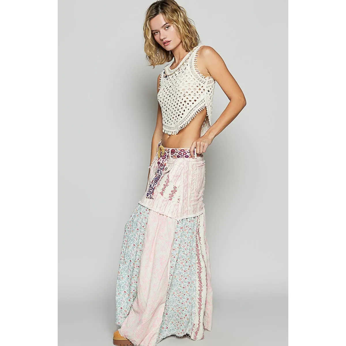 POL Clothing Woven Floral Print Mixed Skirt