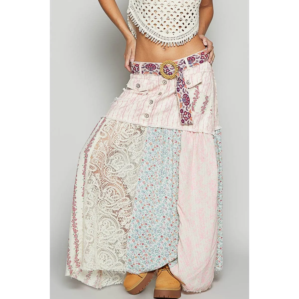 POL Clothing Woven Floral Print Mixed Skirt