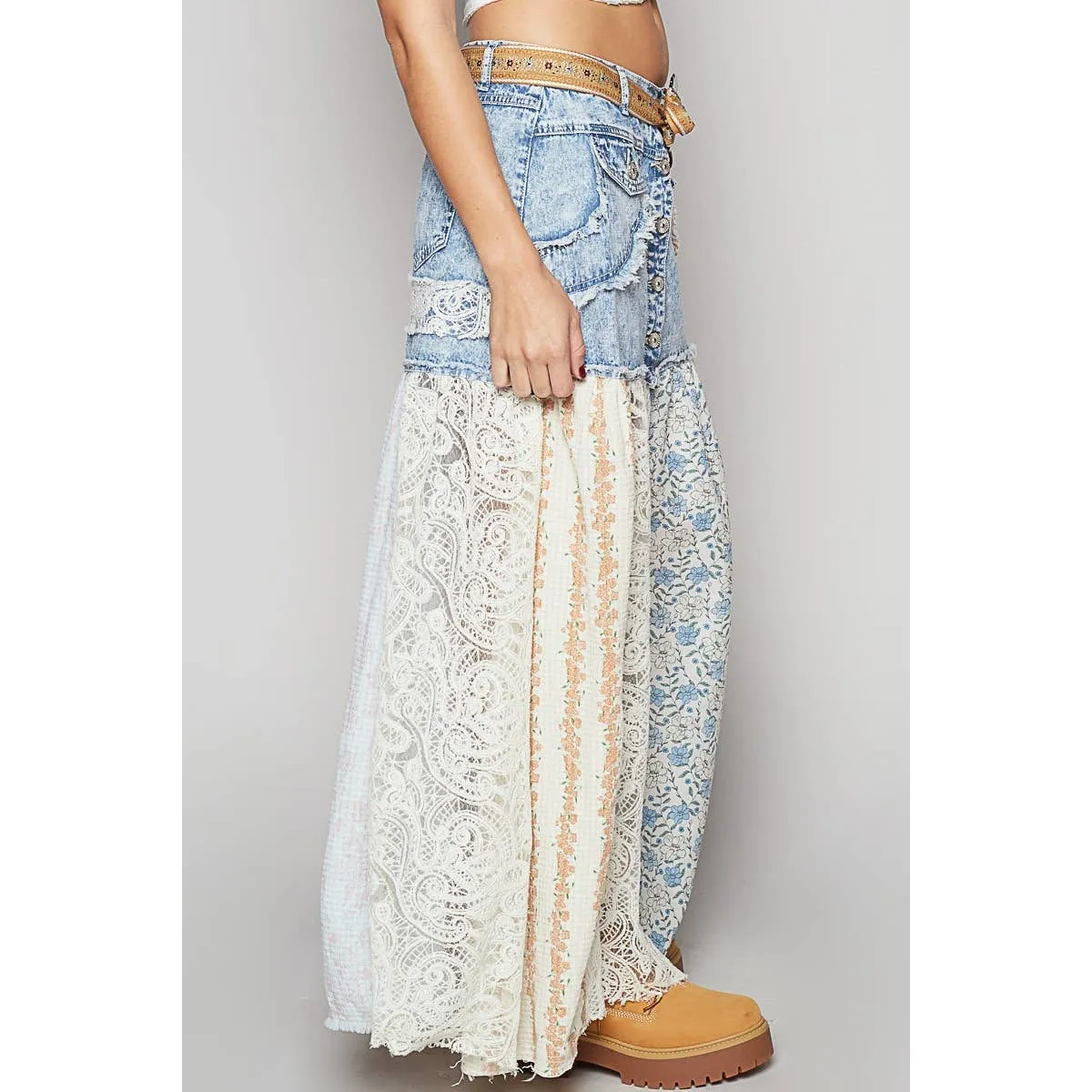 POL Clothing Woven Floral Print Mixed Skirt