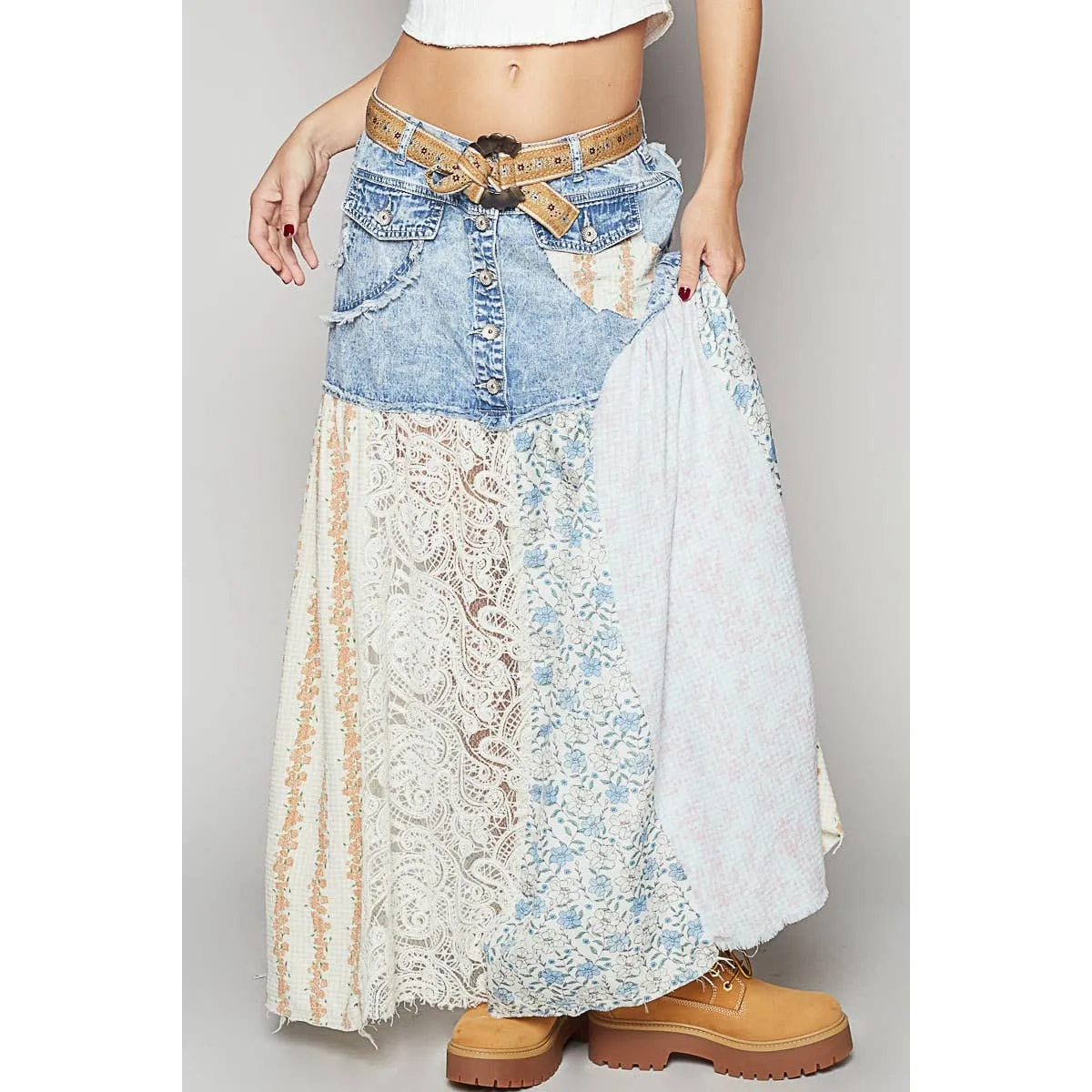 POL Clothing Woven Floral Print Mixed Skirt