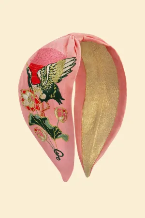 Powder Satin Embroidered Headband Crane At Sunrise