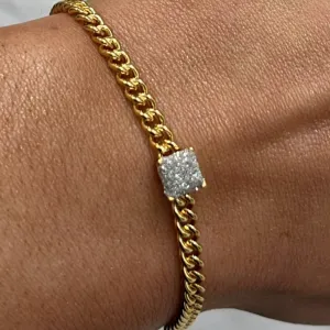 Rebecca Jolie Diamond Dust Boxy Pendant Gold Curb Chain Bracelet