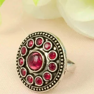 Red Crystal Oxidized Circular Ring