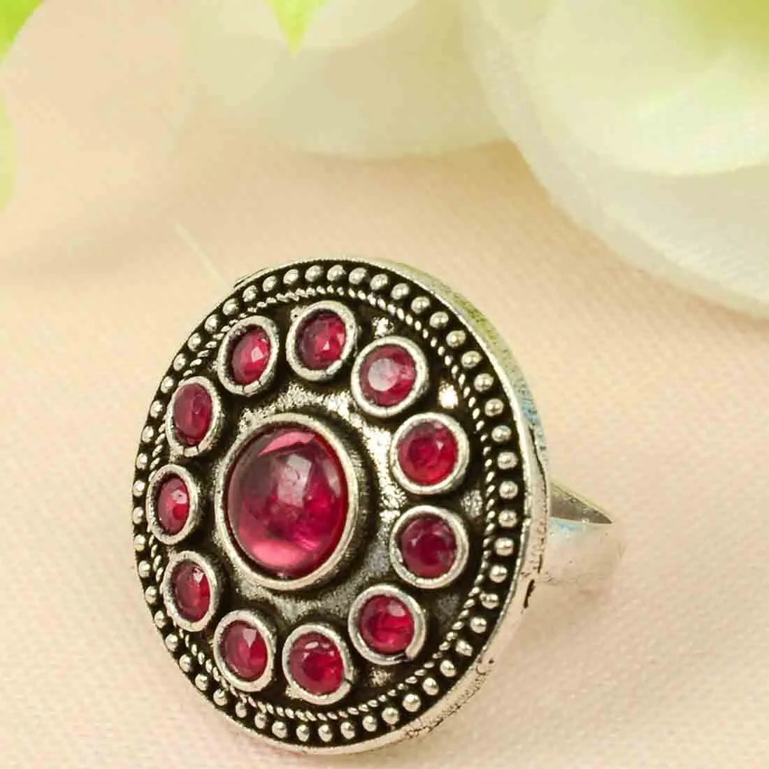 Red Crystal Oxidized Circular Ring