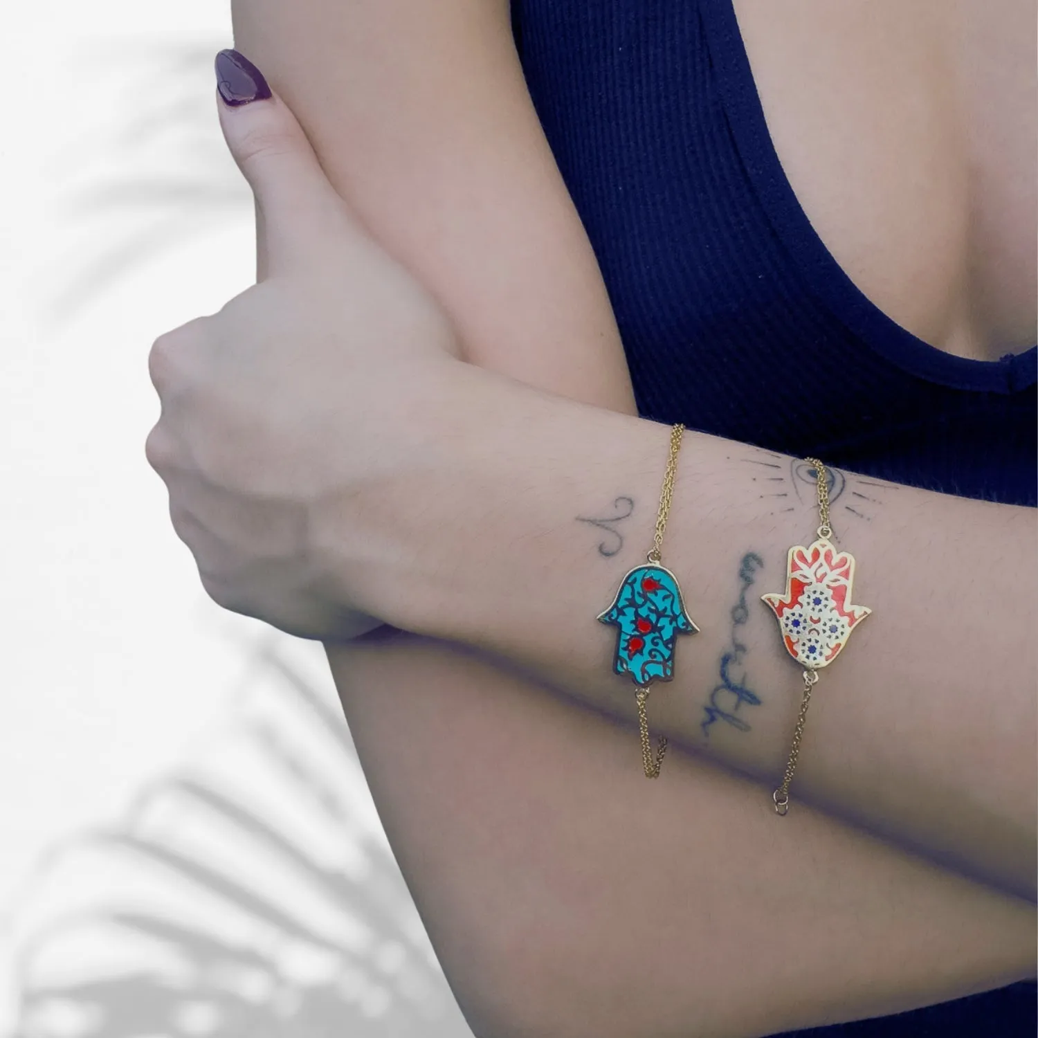 Red Enamel Floral Hamsa Hand Gold Vermeil Chain Bracelet