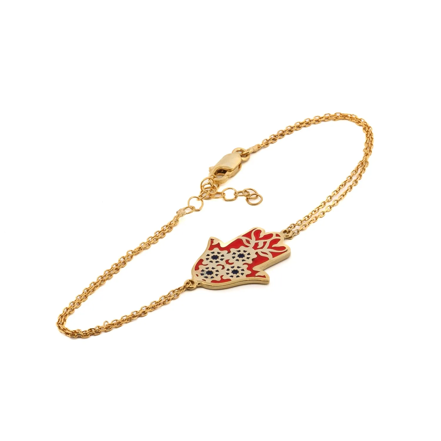 Red Enamel Floral Hamsa Hand Gold Vermeil Chain Bracelet