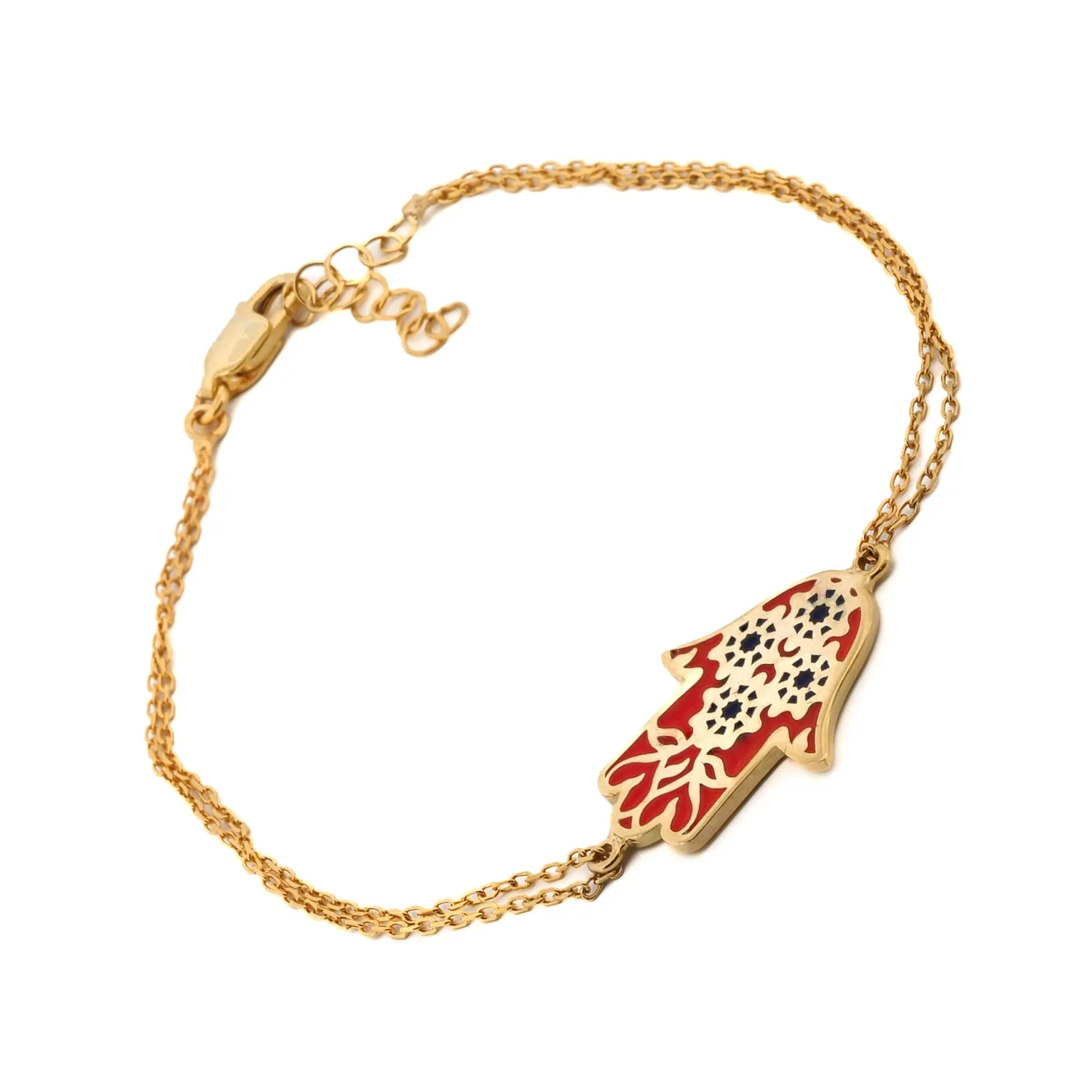 Red Enamel Floral Hamsa Hand Gold Vermeil Chain Bracelet