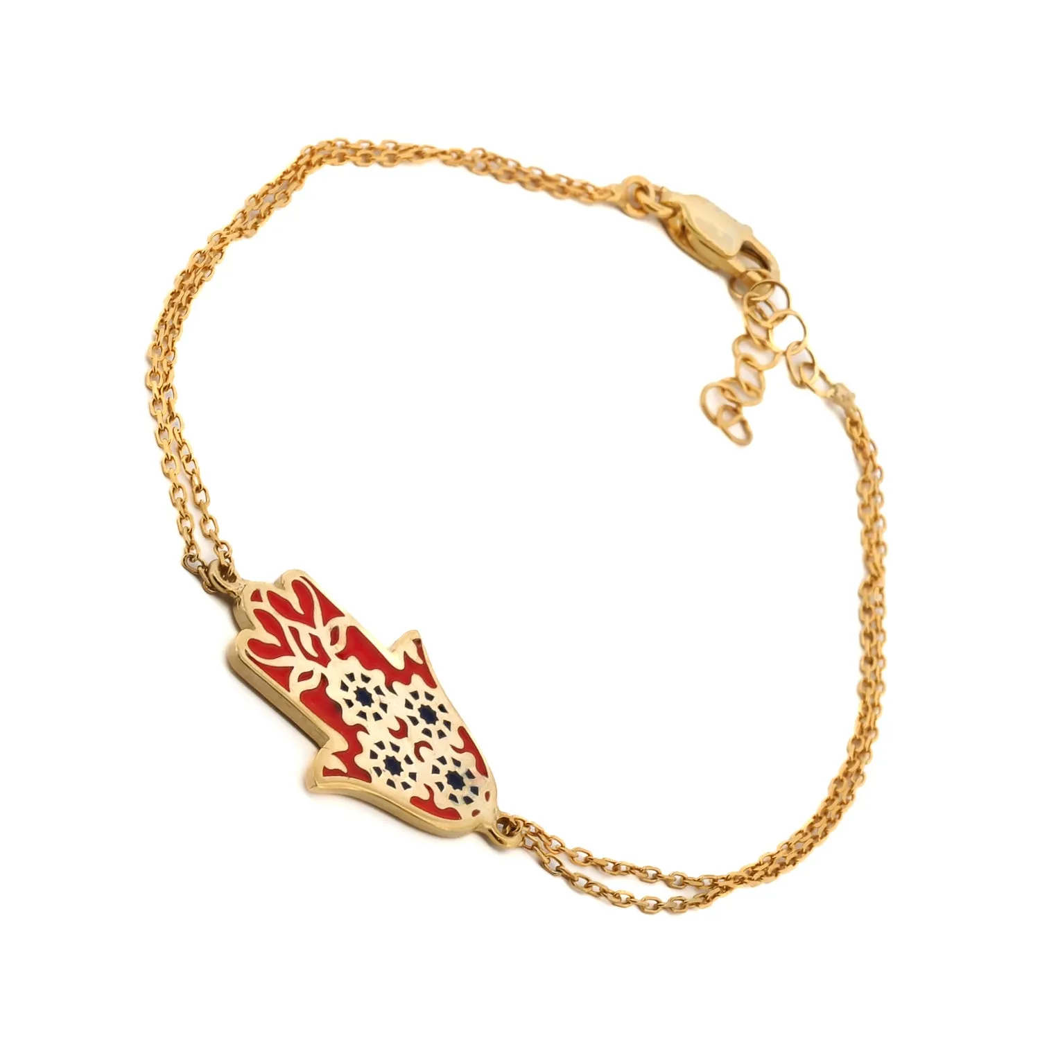 Red Enamel Floral Hamsa Hand Gold Vermeil Chain Bracelet