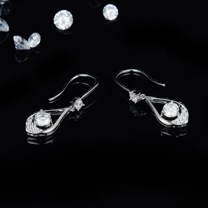 Round Cut 1.0CTW. White Moissanite Teardrop Hook Earrings