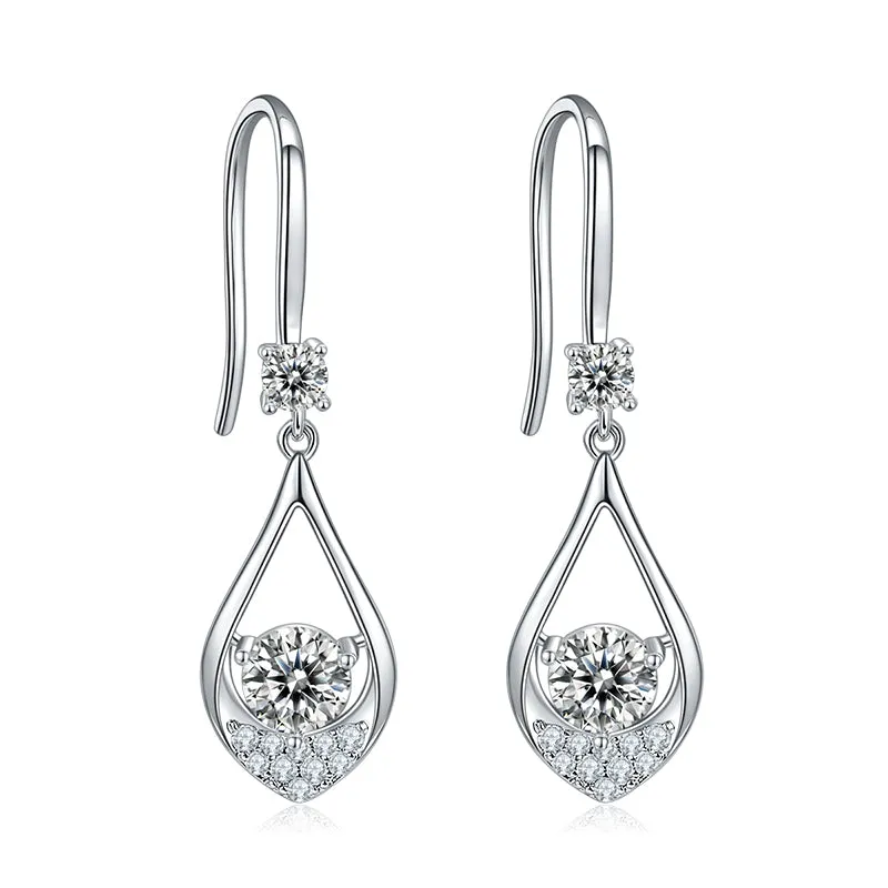 Round Cut 1.0CTW. White Moissanite Teardrop Hook Earrings