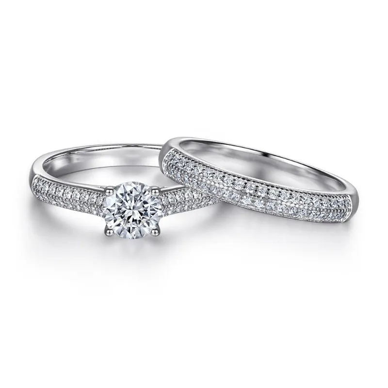 Round Cut Diamond White Gold Half Eternity Engagement Set