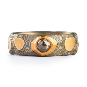 Rugged Raw Diamond Flare Palette and Guri Bori Pattern Mokume Ring