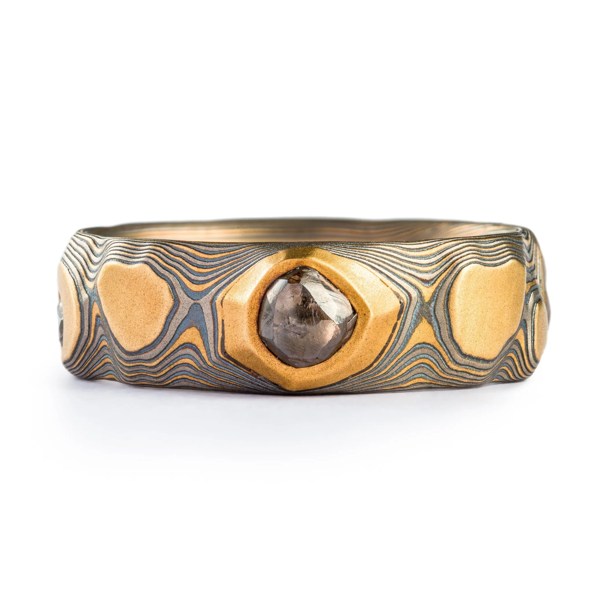 Rugged Raw Diamond Flare Palette and Guri Bori Pattern Mokume Ring