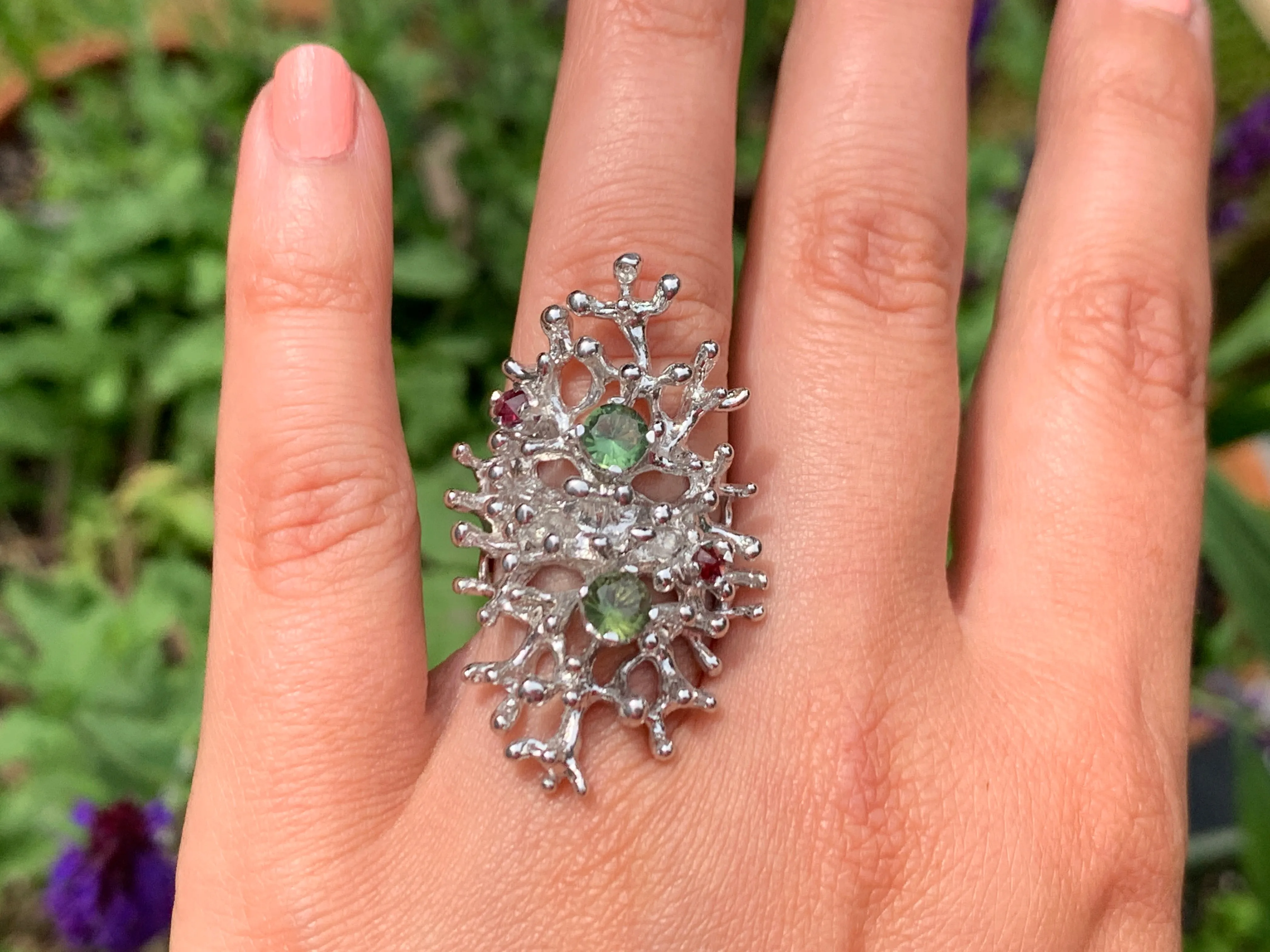 Sea Corals ring - Moldavite and Garnet