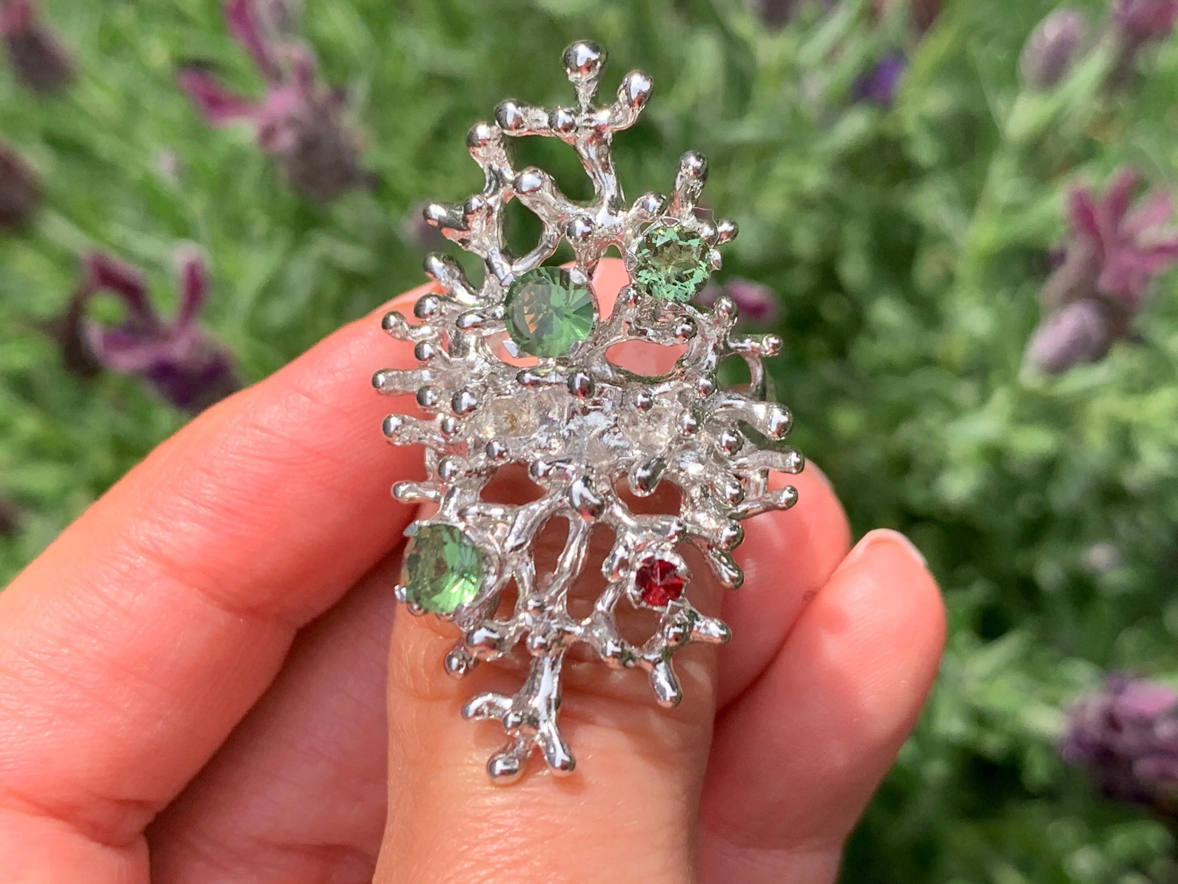 Sea Corals ring - Moldavite and Garnet