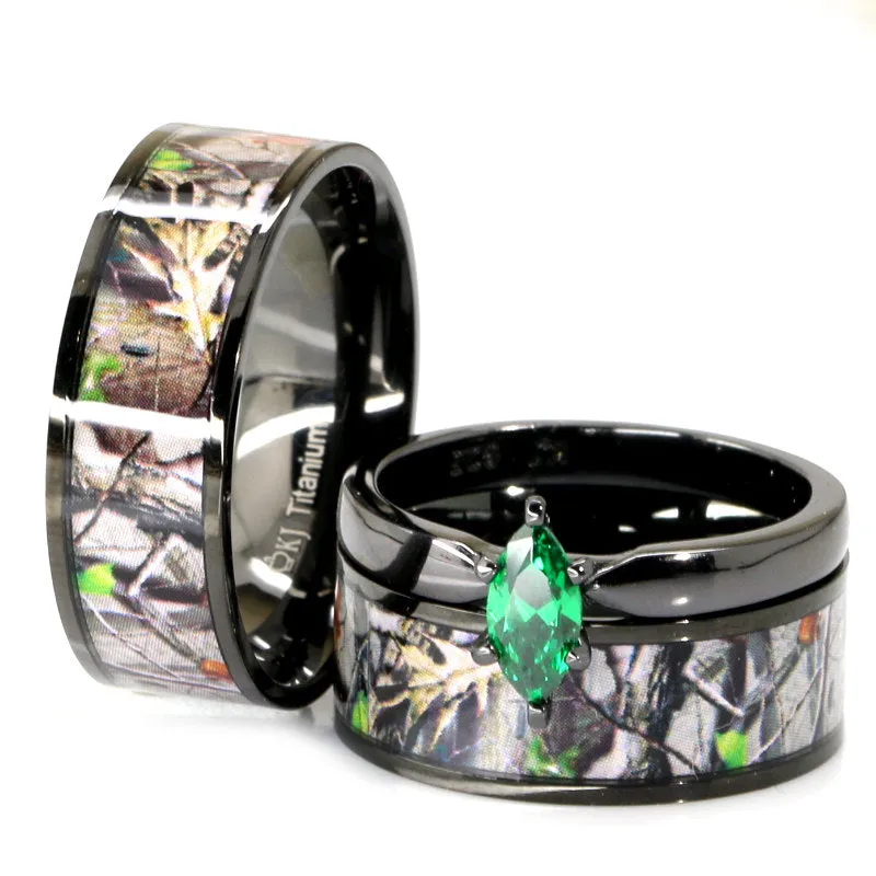 Shadow Forest - Green Marquise Camo Set | 3 pcs Engagement Ring & Wedding Bands Set